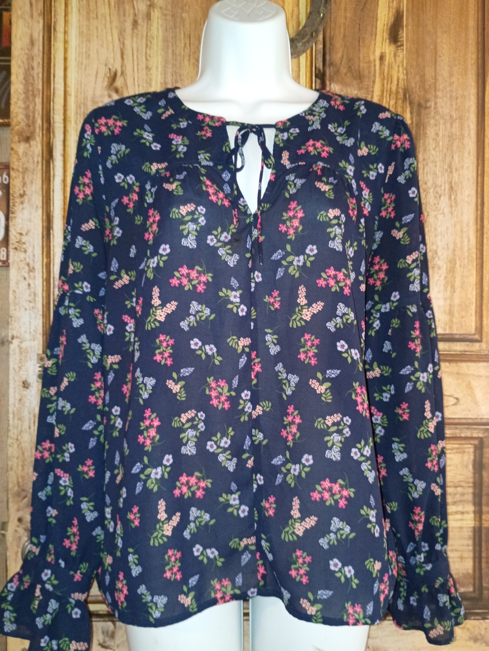 LOFT Navy Floral Tie-Neck Blouse
